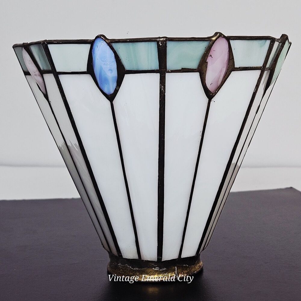 Vtg Antique Tiffany-style Stained Glass Lamp Shade Brass-White Teal Pink Mexico - Picture 4 of 12
